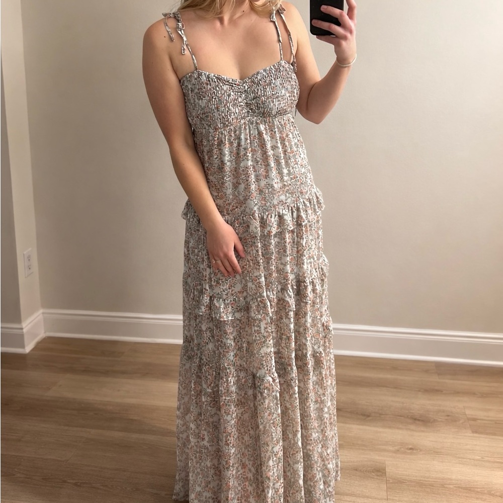 Promesa Smocked Maxi Dress in Gray, Beige, and Pink Floral